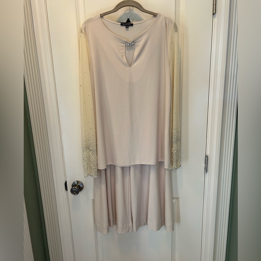MARINA Cream Pantsuit with Embellished Long Sleeves